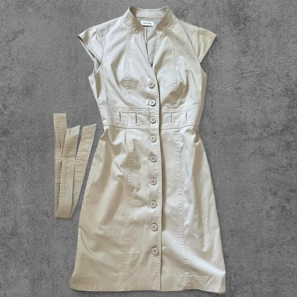 Calvin Klein Tan Khaki Button Front Cap Sleeve Belted Sheath Dress Womens